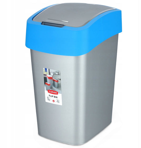 Curver cuver - prullenbak afvalbak met deksel - grijs met blauw frame - 25l, flip bin