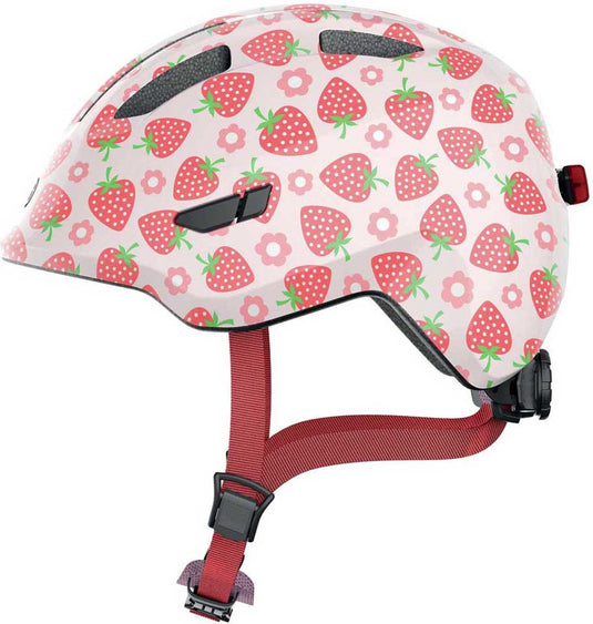 Abus kinderhelm smiley 3.0 led - fietshelm met licht - diepe pasvorm ruimte voor een vlecht - voor meisjes en jongens - roze met aardbeienpatroon, maat m