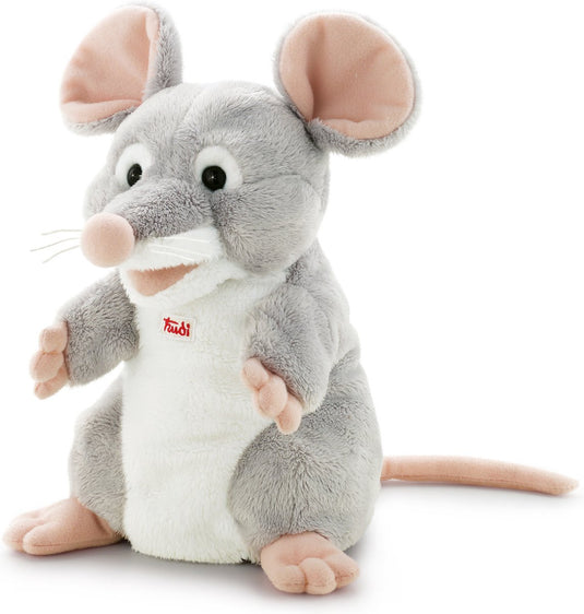 Trudi - puppets handpop muis 26 cm - handgemaakt in italie - zacht pluche - knuffeldier voor jongens en meisjes - grijs - 17x26x15 cm maat s