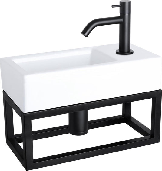 Differnz ravo fonteinset - 38.5x18.5x25cm - rechthoek - 1 kraangat - gebogen matte zwarte kraan - met zwart frame - keramiek wit