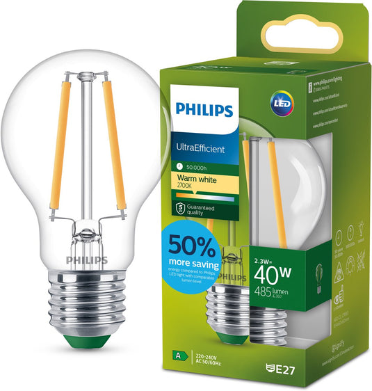 Philips led philips ultraefficient led lamp - transparant - 40w - e27 fitting - warmwit licht: 2700k - bespaar op energiekosten