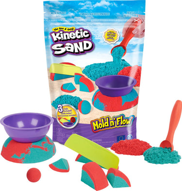 Kinetic sand - mold n' flow-set met 680 g rood en blauwgroen origineel en 3 stuks gereedschap - sensorisch speelgoed