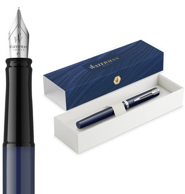 Waterman impression vulpen | medium vulpenpunt met blauwe inktvulling | blauwe lak met palladium-gecoate afwerking | geschenkdoos