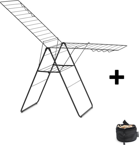 Brabantia hangon droogrek 25m - inklapbaar wasrek - met wasknijpertasje - matt black
