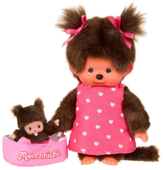 Monchhichi knuffelpop 20 cm met minibebichhichi draagmandje speelgoed.