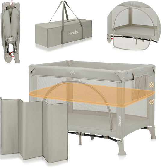 Lionelo laura - compact 3 in 1 campingbedje, box babybed - compact reisbedje voor baby 0-36 maanden – 2 matrashoogtes – t25 schuimmatras – wielen met rem – mesh zijpanelen zijdeur – opvouwbaar – inclusief draagtas opbergvak