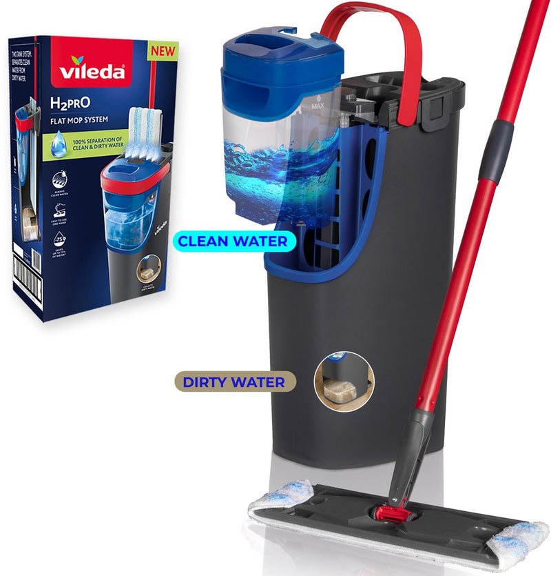 Afbeelding laden in galerijviewer, Vileda h2pro flatmop systeem complete dweilset, twee gescheiden waterreservoirs, waterbesparend ontwerp, altijd schoon water
