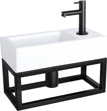 Differnz ravo fonteinset - 38.5x18.5x25cm - rechthoek - 1 kraangat - recht matte zwarte kraan - met zwart frame - keramiek wit