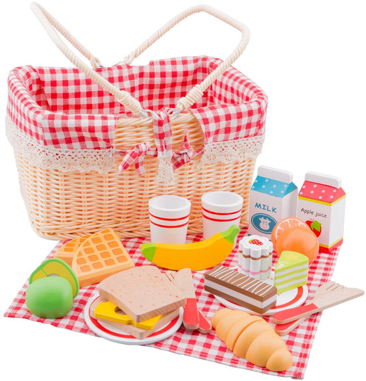 Woet ® houten picknickmand speelset - compleet picknick rollenspel met 30+ accessoires - brood, fruit, drinken, servies kleedje - educatief keukenspeelgoed - vanaf 3 jaar