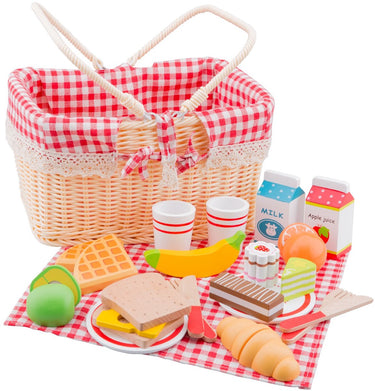 Woet ® houten picknickmand speelset - compleet picknick rollenspel met 30+ accessoires - brood, fruit, drinken, servies kleedje - educatief keukenspeelgoed - vanaf 3 jaar