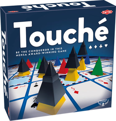 Tactic touché – bordspel – tactisch kaartspel – strategisch pionnen en kaarten spel – plaats pionnen, blokkeer tegenstanders en scoor patronen – familiespel – winnaar mensa select-prijs – bekroond spel – 2 tot 4 spelers – vanaf 8 jaar