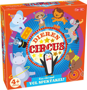 Tactic dierencircus – bordspel – familiespel – extra groot speelbord van 60 cm doorsnede – 5 houten dieren – 4 grote verzameltenten van 24x24 cm - vanaf 4 jaar