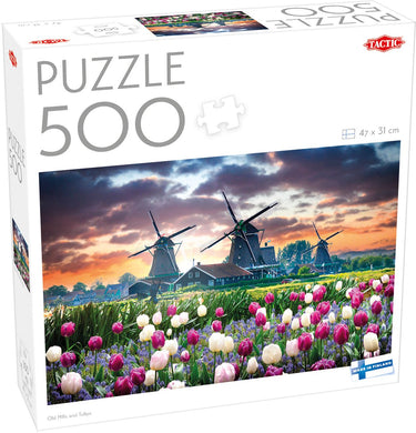 Tactic old mills and tulips – puzzel – 500 stukjes – hollandse molens en tulpenvelden – typisch nederlands landschap – hoogwaardige scandinavische kwaliteit