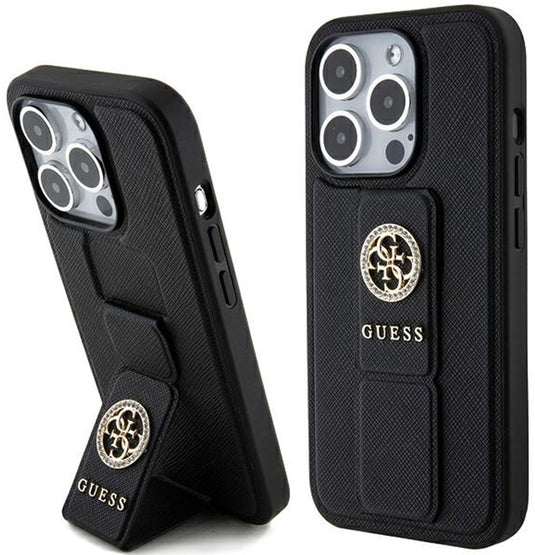 Guess saffiano strass - iphone 15 pro max hoesje - grip stand - zwart - elegante bescherming