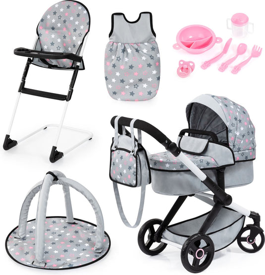Bayer design xeo poppenwagenset, met tas, kinderstoel, slaapzak, speelboog, poppenaccessoires, in grijs