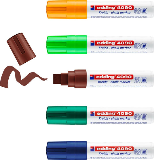 Edding 4090 krijtmarker - diverse kleuren - 5 raamstiften - beitelvormige punt 4-15 mm - raamstiften voor borden, ruiten, glas, spiegels - krijtstift voor ramen zijn afwasbaar en uitwisbaar