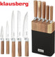Klausberg kb-7981 6 delig messenset - 5 messen met acacia houten blok - roestvrij staal zwart - messenblok inclusief messen - natuurlijke look - koksmes - broodmes -