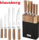 Klausberg kb-7981 6 delig messenset - 5 messen met acacia houten blok - roestvrij staal zwart - messenblok inclusief messen - natuurlijke look - koksmes - broodmes -