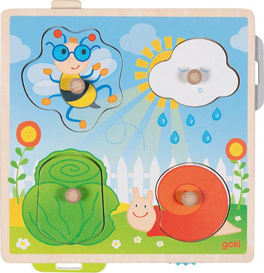Goki puzzel: in de tuin 21,8x22,5x2,8cm, 4-delig, met achtergrondafbeeldingen, hout, 1+
