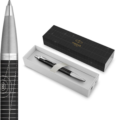Parker im premium balpen | legacy of flight collectie | chroomafwerking | medium punt met blauwe inktvulling | geschenkdoos