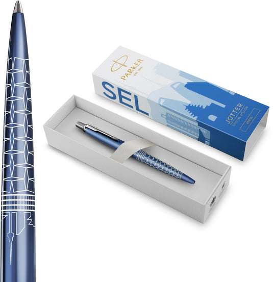 Parker jotter balpen | special edition | seoul blue met verchroomd detail | medium penpunt | blauwe inkt | geschenkverpakking