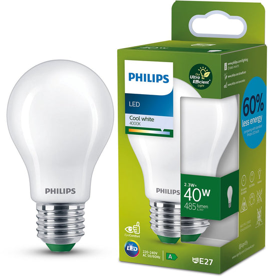 Philips led philips ultraefficient led lamp - mat - 40w - e27 fitting - koelwit licht: 4000k - bespaar op energiekosten