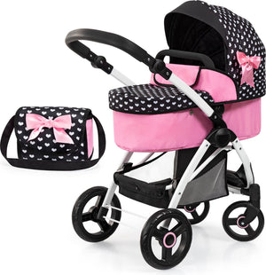 Bayer design poppenwagen city max met tas, in hoogte verstelbaar, zwenkwielen voor, omvormbaar tot buggy, geïntegreerde mand in zwart wit roze