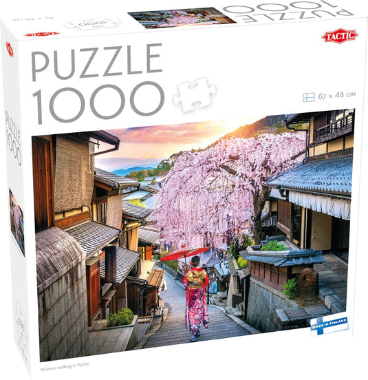 Tactic woman walking in kyoto – puzzel – 1000 stukjes – traditioneel japanse straat – sfeervolle sakura bloesem – hoogwaardige scandinavische kwaliteit