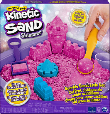 Kinetic sand shimmer - zandkasteel-set met 453 g roze glinsterend origineel 3 vormpjes en 2 stuks gereedschap - sensorisch speelgoed