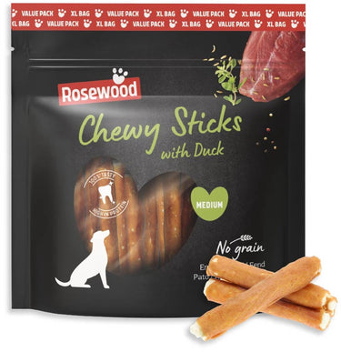 Rosewood chewy sticks hondensnack eend medium – kauwsticks van runderhuid – voordeelverpakking 500 g – graanvrij – zonder kunstmatige toevoegingen