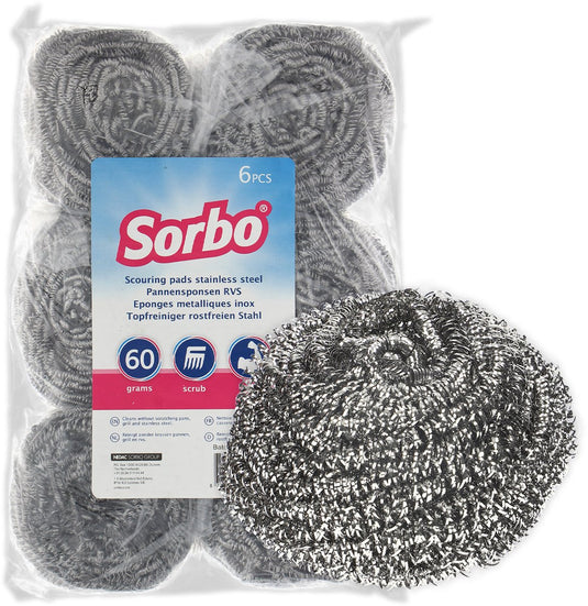 Sorbo rvs schuursponsjes 6 stuks - metaalspons - staalspons voor pannen, oven, grill en barbecue
