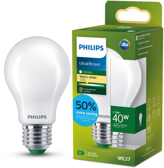 Philips led philips ultraefficient led lamp - mat - 40w - e27 fitting - warmwit licht: 2700k - bespaar op energiekosten