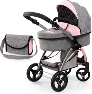 Bayer design city max poppenwagen met tas, in hoogte verstelbaar, zwenkbare voorwielen, kan worden omgebouwd tot een jogger, geïntegreerde mand, jeans-grijs, roze
