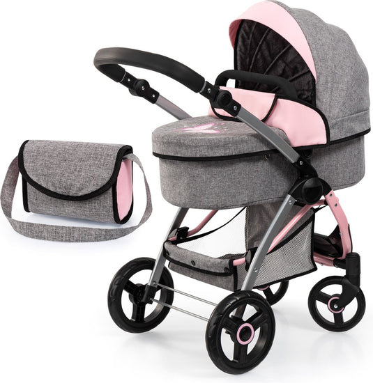 Bayer design city max poppenwagen met tas, in hoogte verstelbaar, zwenkbare voorwielen, kan worden omgebouwd tot een jogger, geïntegreerde mand, jeans-grijs, roze