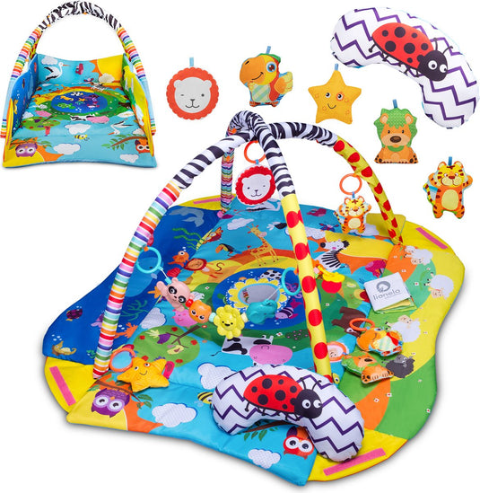Lionelo anika plus 2-in-1 babygym speelkleed – met verhoogde randen (boxfunctie) – inclusief tummy time kussen, interactief boekje 5 speeltjes – 115x110 cm