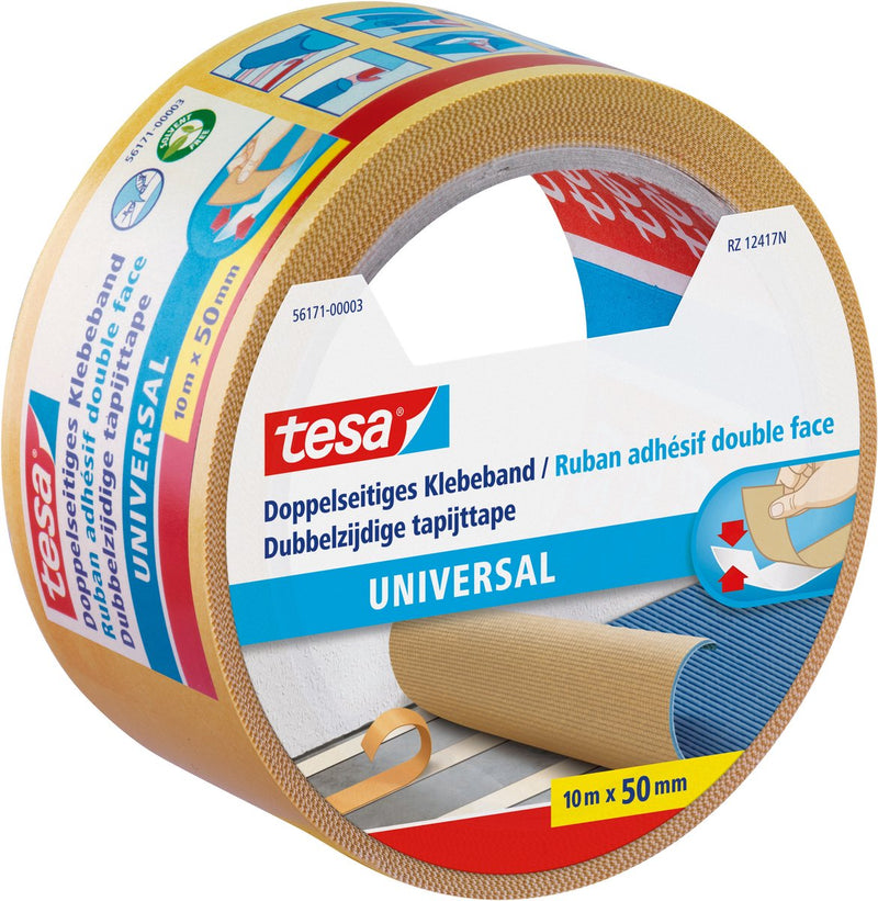 Afbeelding laden in galerijviewer, Tesa dubbelzijdig plakband universeel - veelzijdig plakband voor verpakking, decoratie en tapijten of voor handwerk - 10 m x 50 mm
