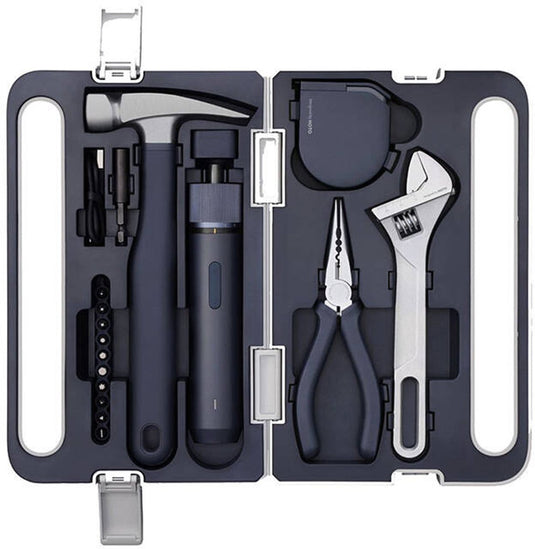 Hoto 3.6v cordless electric screwdriver tool set – 5-in-1 doe-het-zelfset – led-lamp, 3 koppelstanden, 10 bits, draadloze elektrische schroevendraaier, hamer, tang, verstelbare moersleutel en meetlint – compacte opbergkoffer
