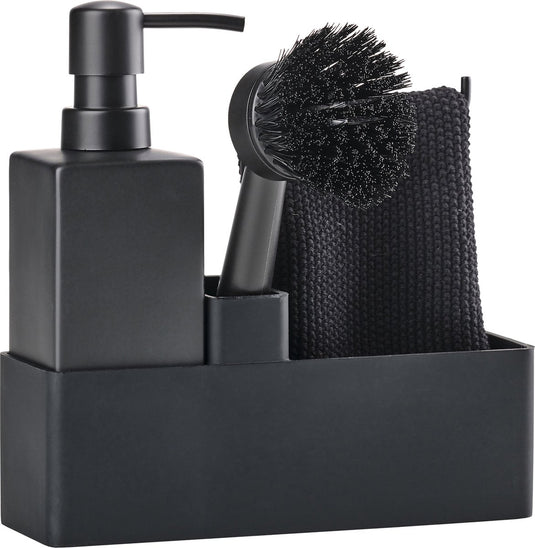 Zone denmark afwasset 19 x 6 x 20,5 cm met vaatdoekje, keramieke zeepdispenser, afwasborstel en keukenorganizer- 4 stuks black - afwas set