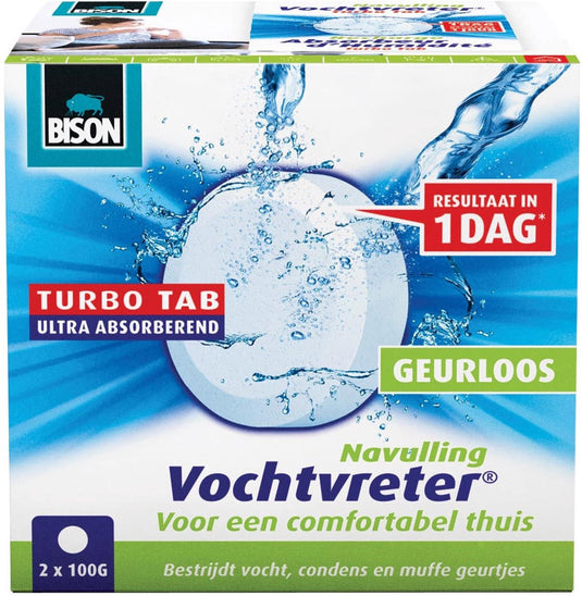 Bison vochtvreter® navultablet 2x 100 g, luchtontvochtiger, geschikt voor vochtvreter® ambiance, bestrijd hoge luchtvochtigheid, geen batterij nodig, ook geschikt voor caravans en campers