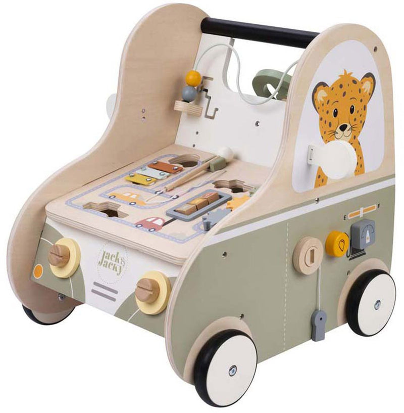 Afbeelding laden in galerijviewer, Jack jacky houten loopwagen met educatieve activiteiten – multi functional car – activiteiten loopwagen – walker speelgoed – motoriek cognitieve ontwikkeling – educatief houten speelgoed – jack jacky
