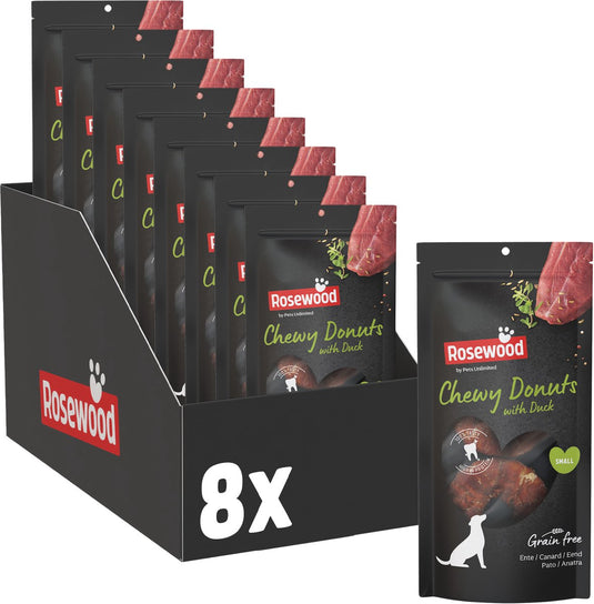 Rosewood chewy donut eend small – stevige kauwsnack voor honden – runderhuid met 45% eend – ondersteunt het gebit – 8 x 150 g
