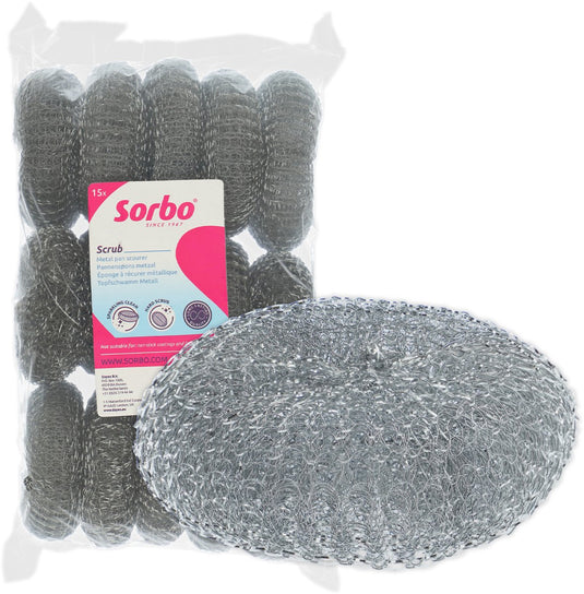 Sorbo metalen schuurspons set 15 stuks – rvs sterke pannenspons – voordeel verpakking