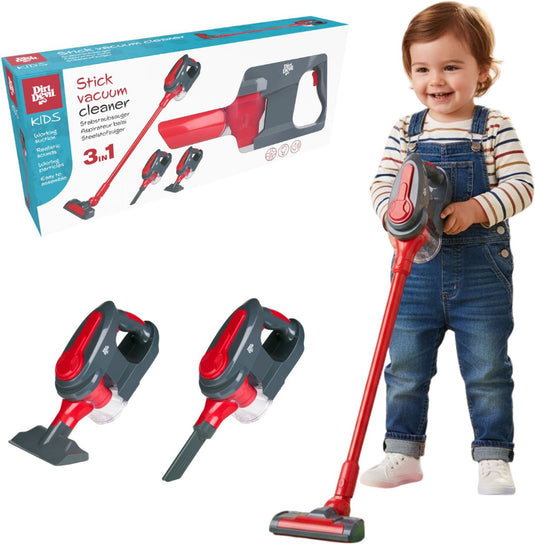 Dirt devil speelgoed stofzuiger 3-in-1 - steelstofzuiger en handstofzuiger 2 opzetstukken - werkende zuigfunctie en realistische geluiden - voor jongens en meisjes vanaf 3 jaar - rood grijs