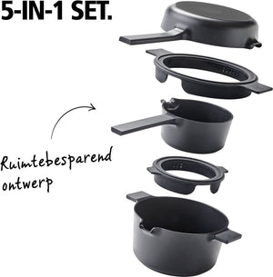 Brabantia compact all-in-one-set – stapelbare 5-delige pannenset camping - 22cm kookpan – 22cm koekenpan- 16cm steelpan- trendy design-stapelbaar - 100% pfas-vrij – 100% gerecycleerd - anti-aanbaklaag- aluminium- - incl. onderzetters - zwart