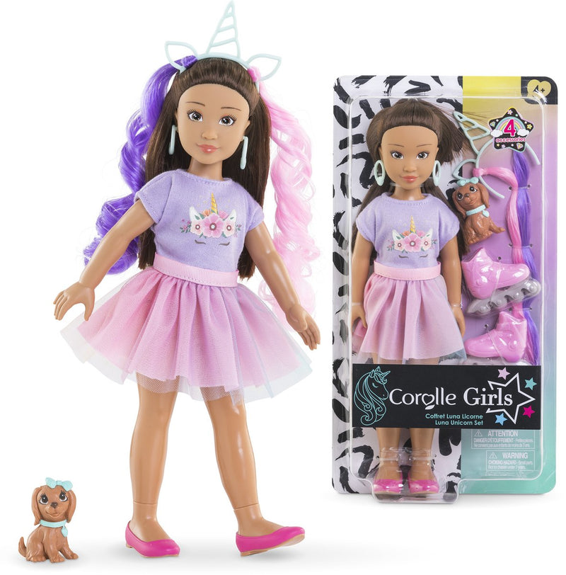 Afbeelding laden in galerijviewer, Corolle modepop luna eenhoorn met accessoires en hond - 28 cm.
