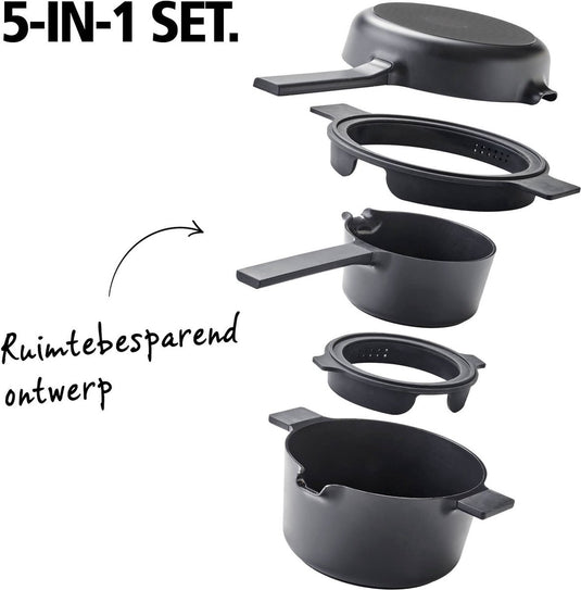 Brabantia compact all-in-one-set – stapelbare 5-delige pannenset- 22cm kookpan – 22cm koekenpan- 16cm steelpan- trendy design-stapelbaar - 100% pfas-vrij – 100% gerecycleerd - anti-aanbaklaag- aluminium- - incl. onderzetters - zwart