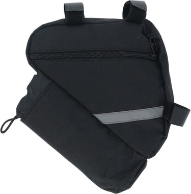 Dresco frame fietstas – waterafstotend polyester – afsluitbaar hoofdvak - extra vak aan onderkant voor petfles 33 50c of dopper – bevestigen met 3 klittenband sluitingen - reflectiestrepen aan beide zijkanten