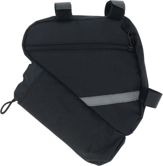 Dresco frame fietstas – waterafstotend polyester – afsluitbaar hoofdvak - extra vak aan onderkant voor petfles 33 50c of dopper – bevestigen met 3 klittenband sluitingen - reflectiestrepen aan beide zijkanten