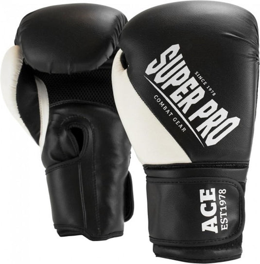 Super pro combat gear ace (kick)bokshandschoenen zwart wit 12oz