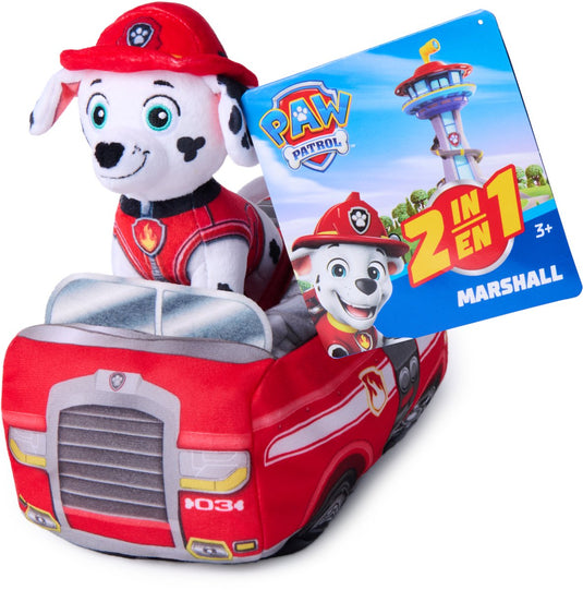 Paw patrol - marshall 2-in-1 pluchen voertuig - knuffel van 15,2 cm met pluchen brandweerwagen van 20,3 cm - knuffels
